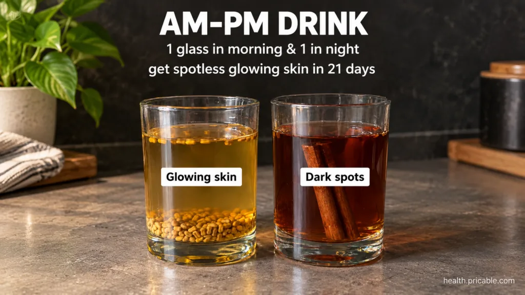 Two glasses side-by-side one with a yellowish-gold liquid and fenugreek seeds the other with a reddish-brown liquid and 