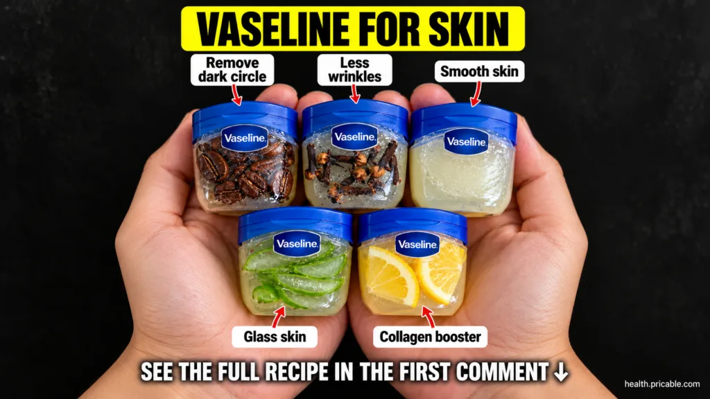 Five small jars of Vaseline each mixed with a different natural ingredient like coffee beans cloves aloe vera slices and