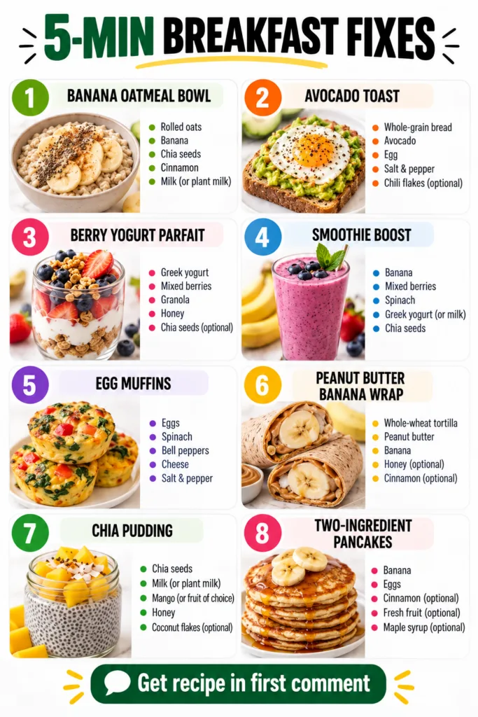 An infographic showing 8 different quick and healthy breakfast recipes in a grid format with appealing photos and ingred