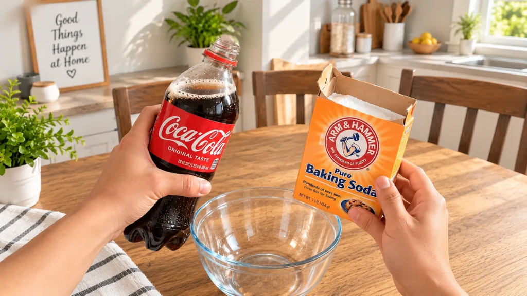 A person s hands holding a Coca-Cola bottle and an open box of Arm Hammer Baking Soda over an empty clear glass bowl on 