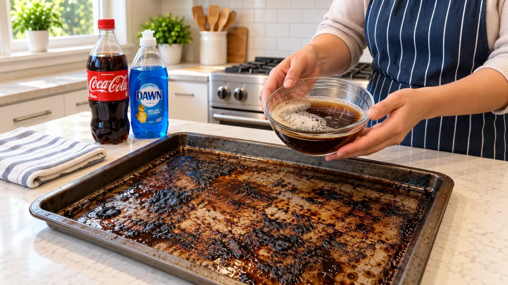 Una persona sosteniendo un recipiente con una mezcla espumosa oscura sobre una bandeja de horno muy sucia Se ven botella
