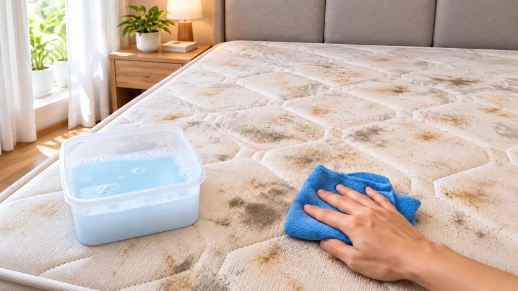 A person s hand using a blue cloth to clean a heavily stained mattress with a tub of soapy water nearby