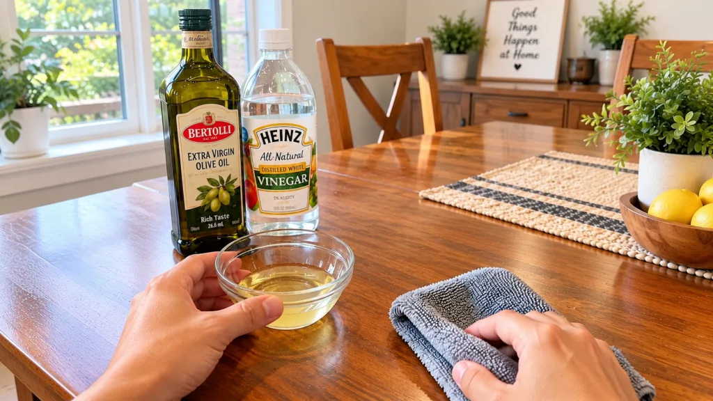 Hands holding a small glass bowl with a clear liquid mixture olive oil and vinegar and a grey microfiber cloth In the ba