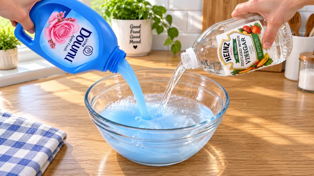 Dos manos mezclando suavizante de ropa azul y vinagre blanco transparente en un tazón de vidrio sobre una encimera de ma