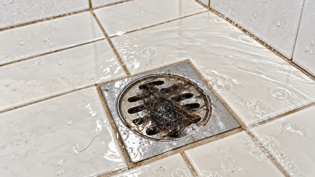 Close-up slightly high-angle view of a square metallic shower drain in a white tiled bathroom with a significant amount 