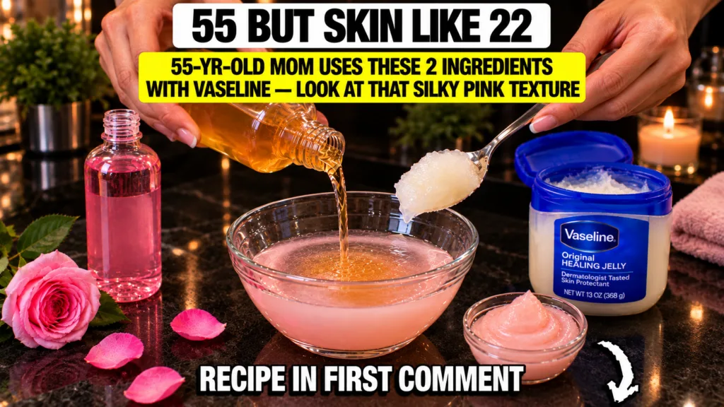 A close-up of hands mixing rose water apple cider vinegar and Vaseline in a glass bowl surrounded by fresh rose petals a
