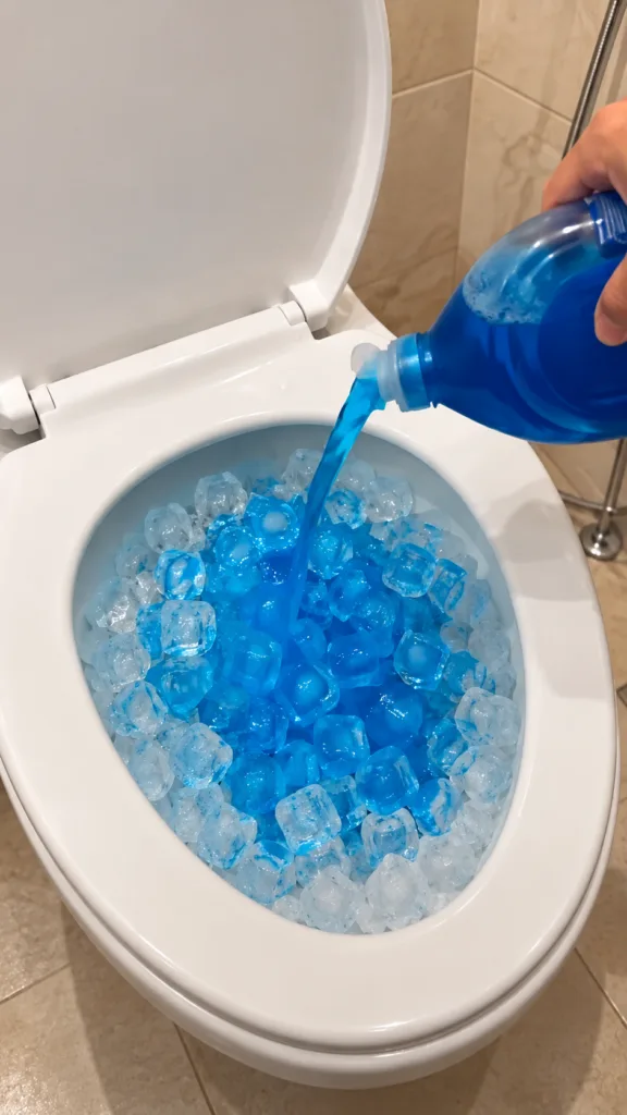 A close-up high-angle view of a toilet bowl filled with a mix of clear and blue ice cubes with a hand pouring a stream o