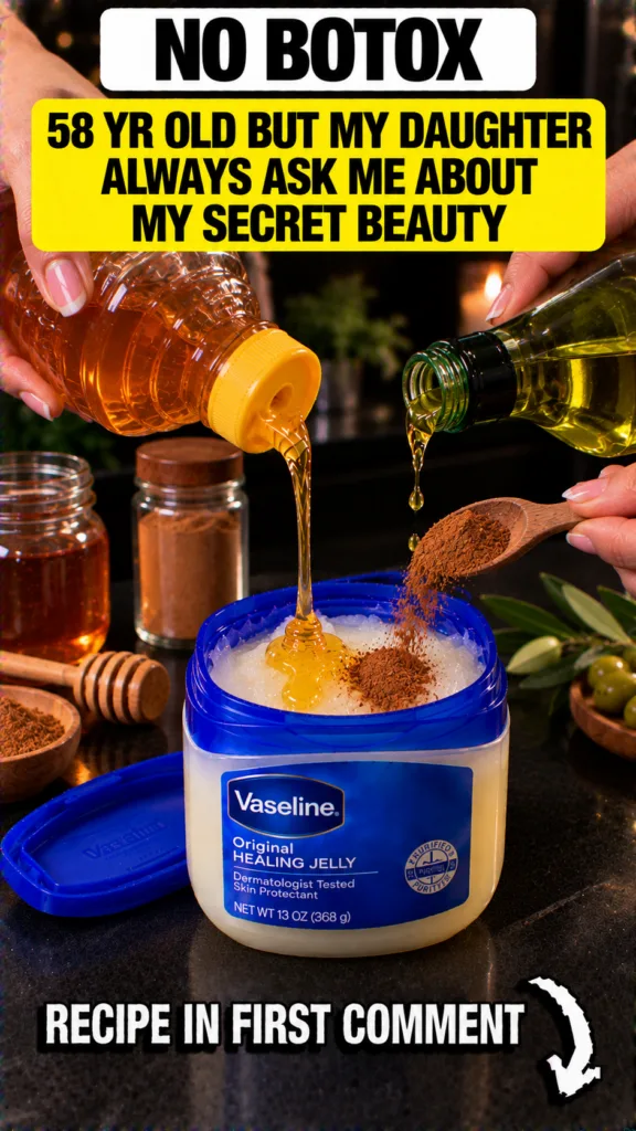 A close-up top-down view of hands mixing Vaseline honey cinnamon and olive oil in a bowl with natural ingredients around