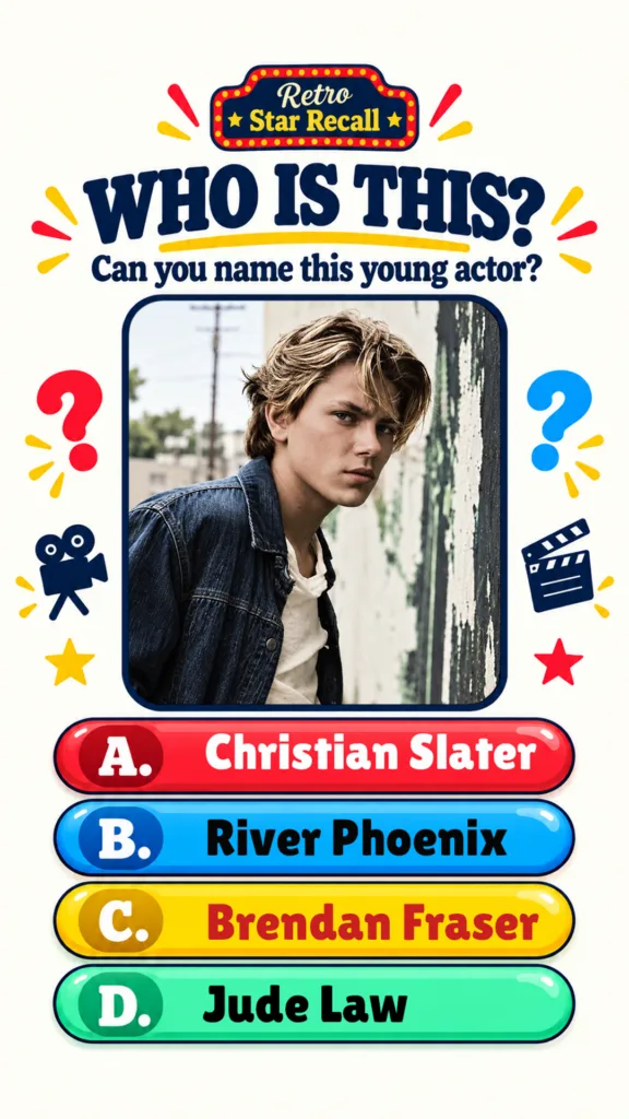 A vertical quiz image featuring a young man with wavy blond hair and a denim jacket with quiz text overlayed