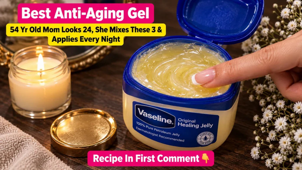 A finger with a French manicure gently stirring a pot of Vaseline petroleum jelly with white flowers and a wooden surfac