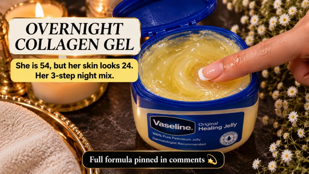 Close-up of a hand dipping a finger into a tub of Vaseline presented as an Overnight Collagen Gel with a warm soft-focus