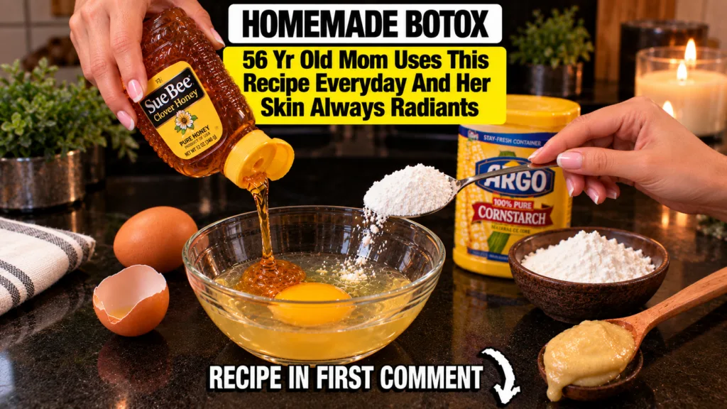 Hands mixing honey egg and cornstarch in a glass bowl on a dark countertop