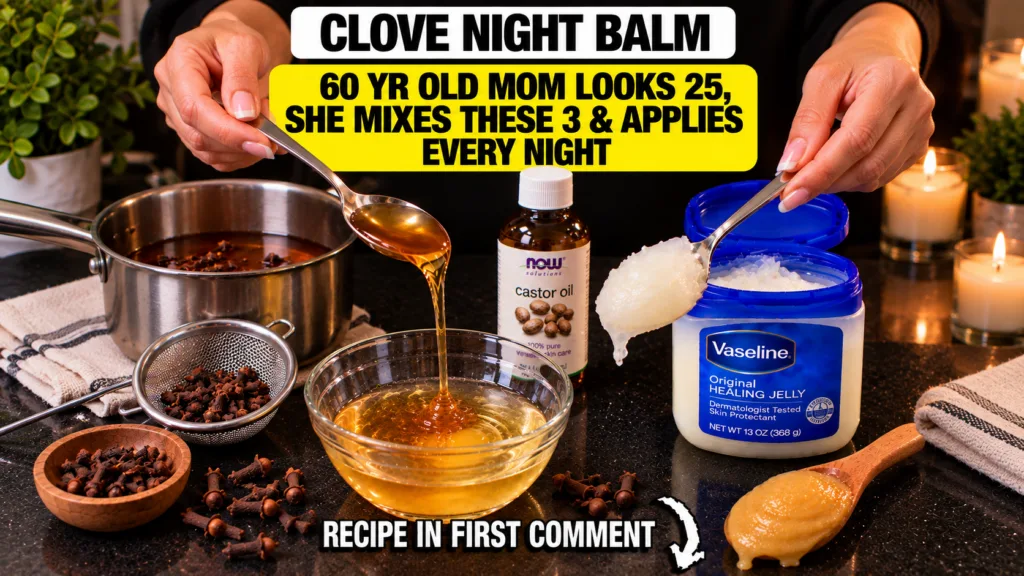 Hands mixing ingredients for a homemade clove night balm with clove tea castor oil and petroleum jelly in small bowls ar
