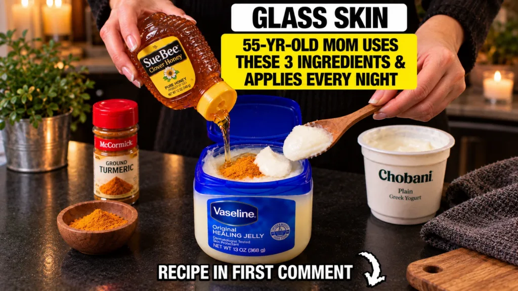 A close-up of ingredients being mixed for a homemade beauty recipe A hand pours honey into Vaseline with turmeric while 