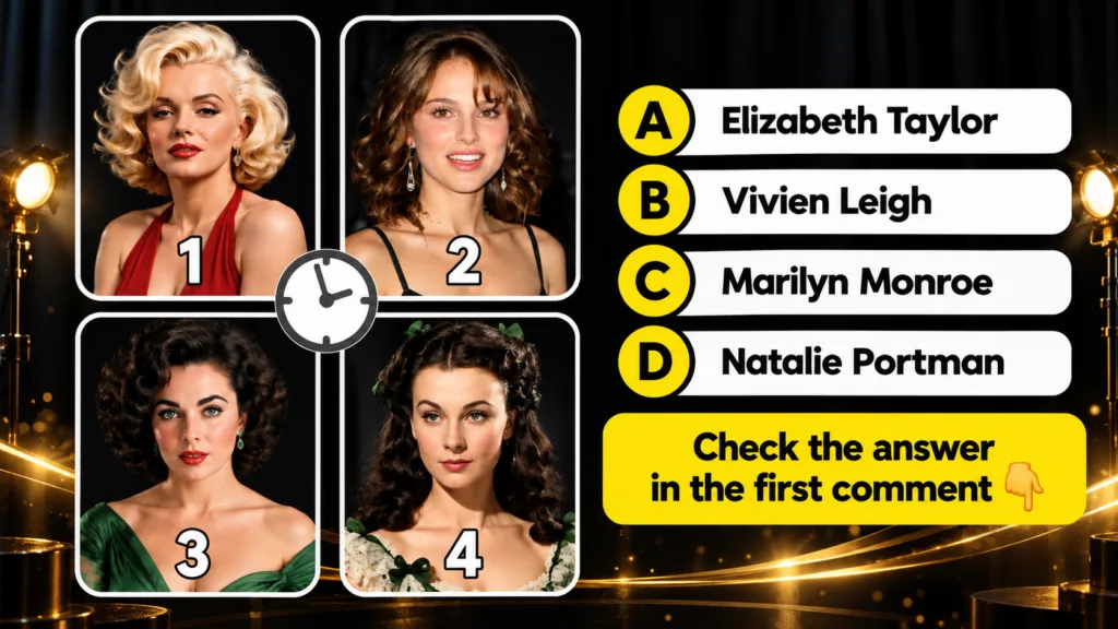 A multiple-choice quiz image featuring a grid of four classic Hollywood actresses Marilyn Monroe Natalie Portman Vivien