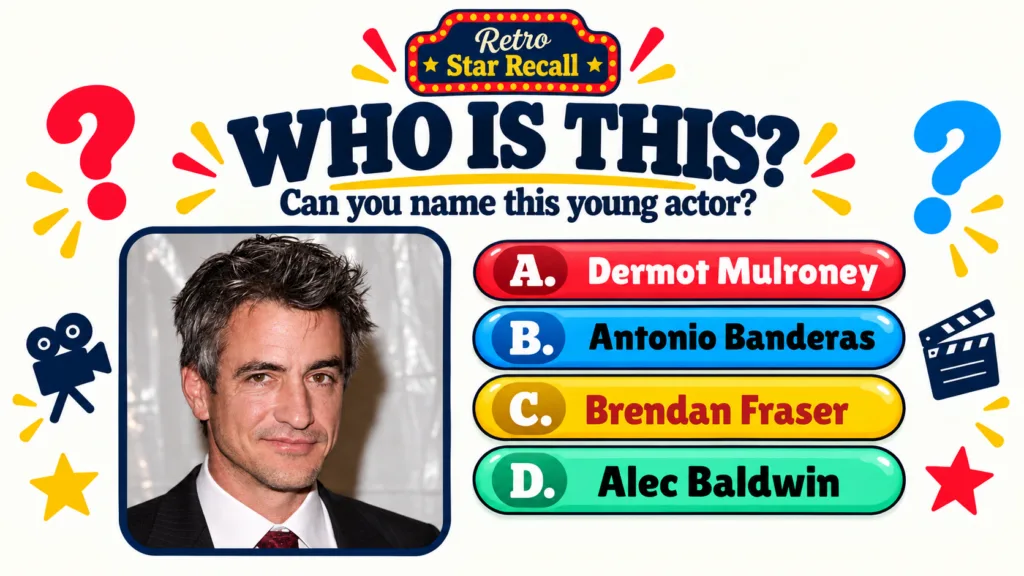 A retro-themed quiz card with a central portrait of actor Dermot Mulroney featuring a Retro Star Recall banner a WHO IS 