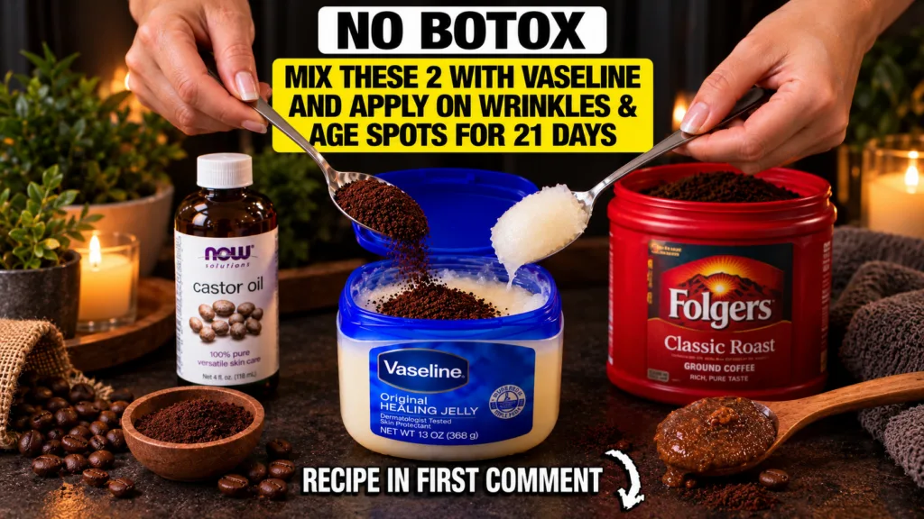 Close-up top-down view of hands preparing a beauty mixture with Vaseline coffee grounds and castor oil in small containe