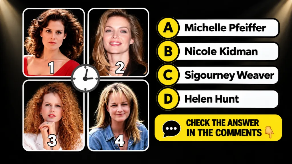 A multiple-choice quiz image showing headshots of four actresses Sigourney Weaver Michelle Pfeiffer Nicole Kidman Helen