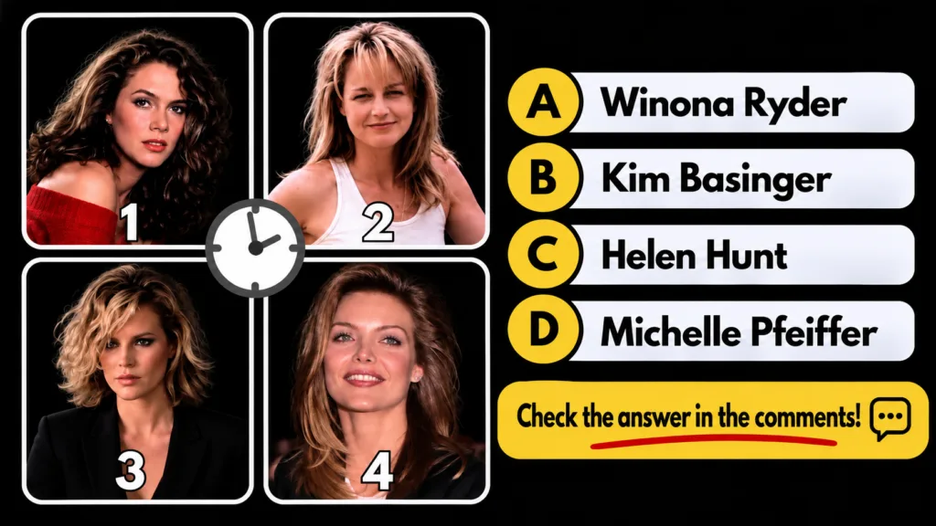 A multiple-choice quiz image showing four different portraits of Kim Basinger with options listed below