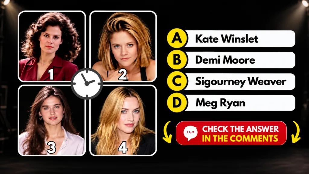 A 2x2 grid showing four distinct portraits of actress Demi Moore from different periods of her career with multiple-choi