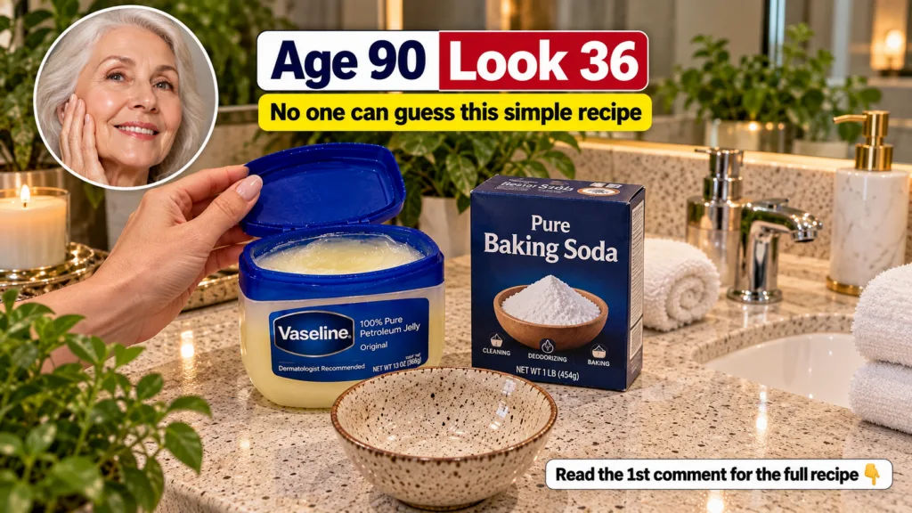 A bathroom counter with an open jar of Vaseline a box of baking soda and a small mixing bowl In the upper left corner a 