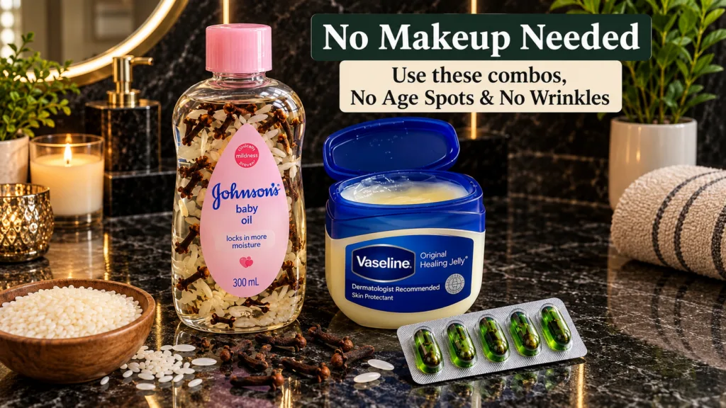 A collection of beauty ingredients a bottle of Johnson s baby oil with rice and cloves a jar of Vaseline a small wooden 