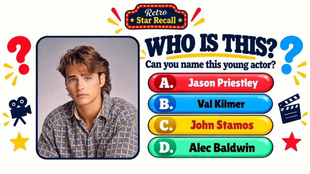 A retro-themed quiz graphic titled Retro Star Recall featuring a young Jason Priestley s headshot surrounded by colorful