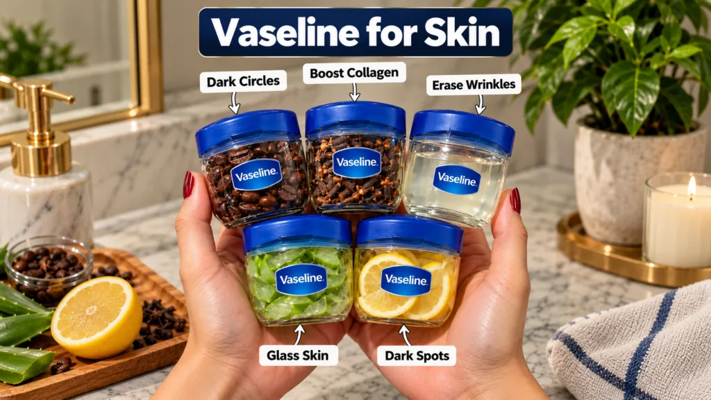 Two hands holding five small Vaseline jars each mixed with a different natural ingredient for specific skin benefits cof