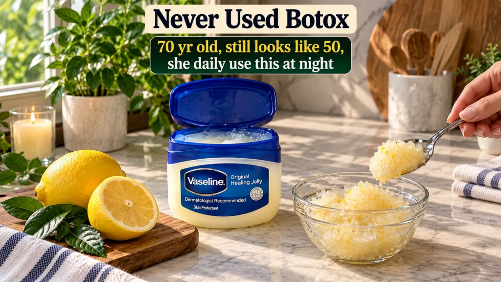 A close-up shot of an open tub of Vaseline surrounded by fresh lemon slices green leaves and a glass bowl containing a y