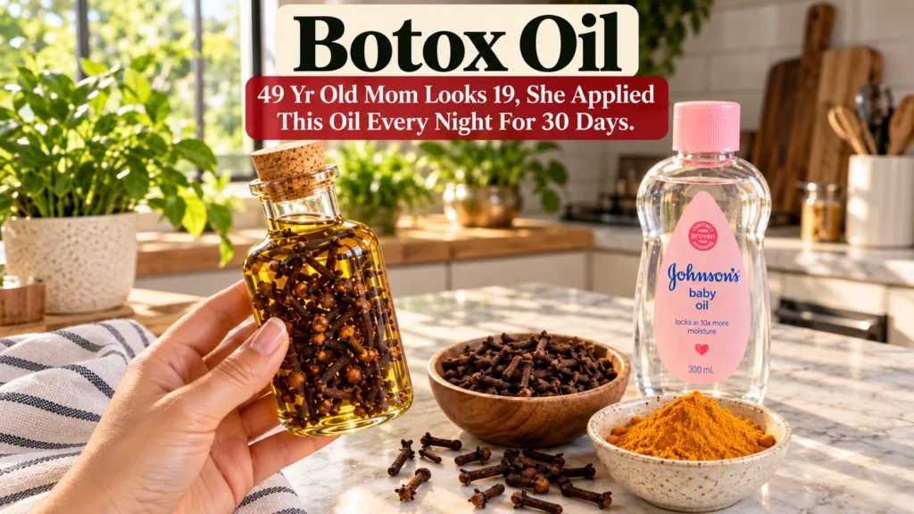 A hand holding a small corked glass bottle filled with cloves steeped in oil In the background a bottle of baby oil a wo