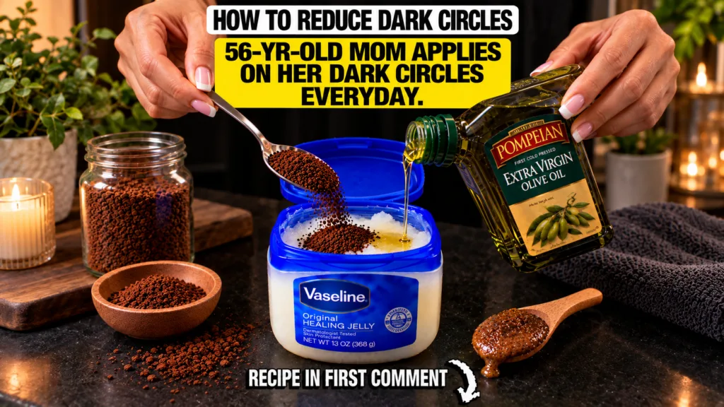 Hands mixing Vaseline coffee granules and olive oil in a small container with a spoon