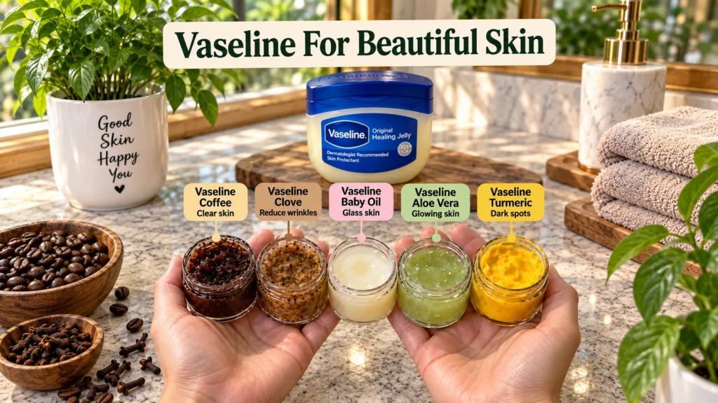 A pair of hands holding five small jars of homemade Vaseline-based beauty products with a large Vaseline jar potted plan