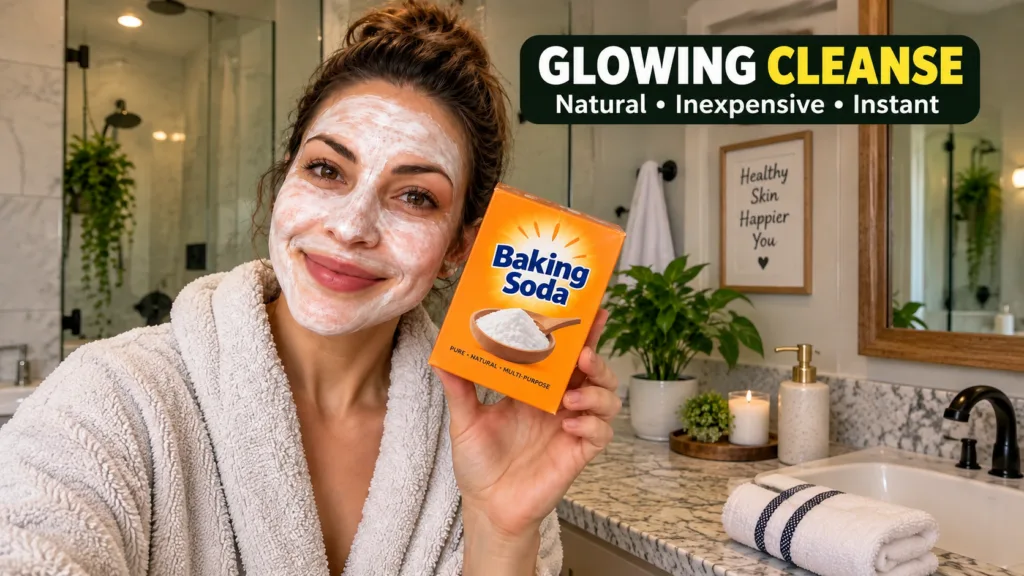 A smiling woman with a white baking soda facial mask applied holding a box of baking soda She is wearing a fluffy white
