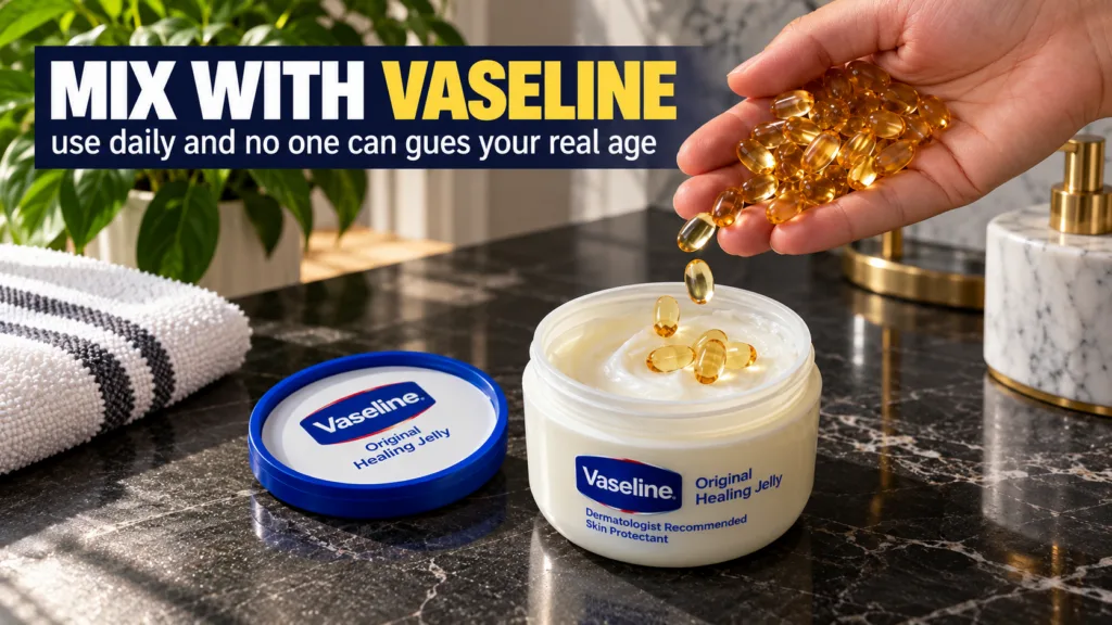 A hand dropping amber-colored softgel capsules into an open jar of Vaseline Original Healing Jelly on a dark marbled sur