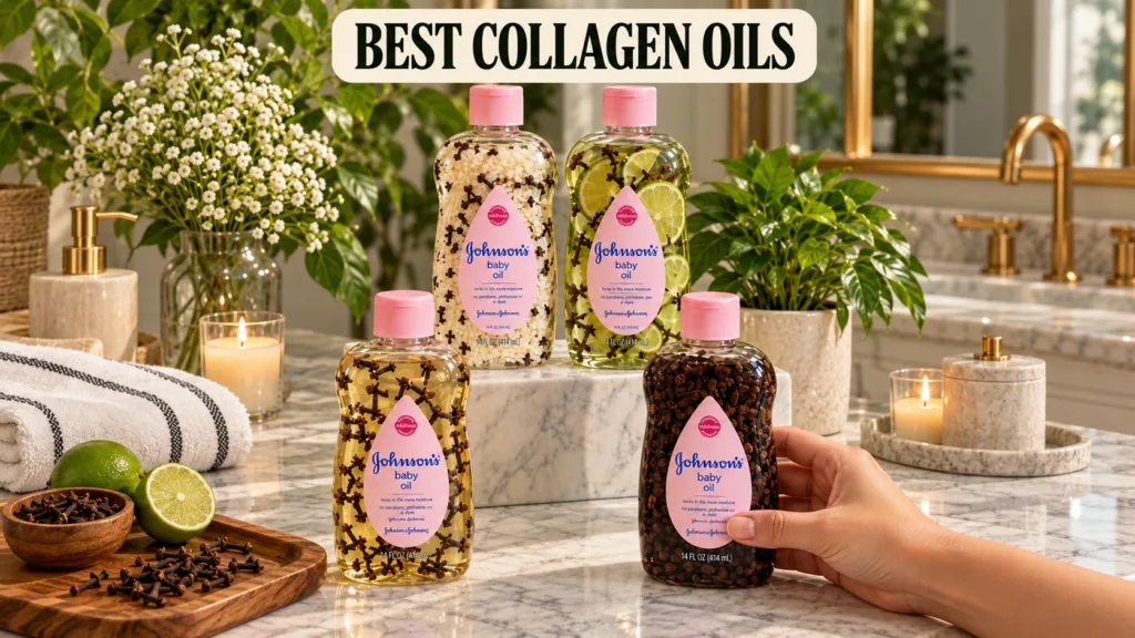 Four bottles of natural oil infused with ingredients like cloves and lime on a marble counter with a hand holding one bo