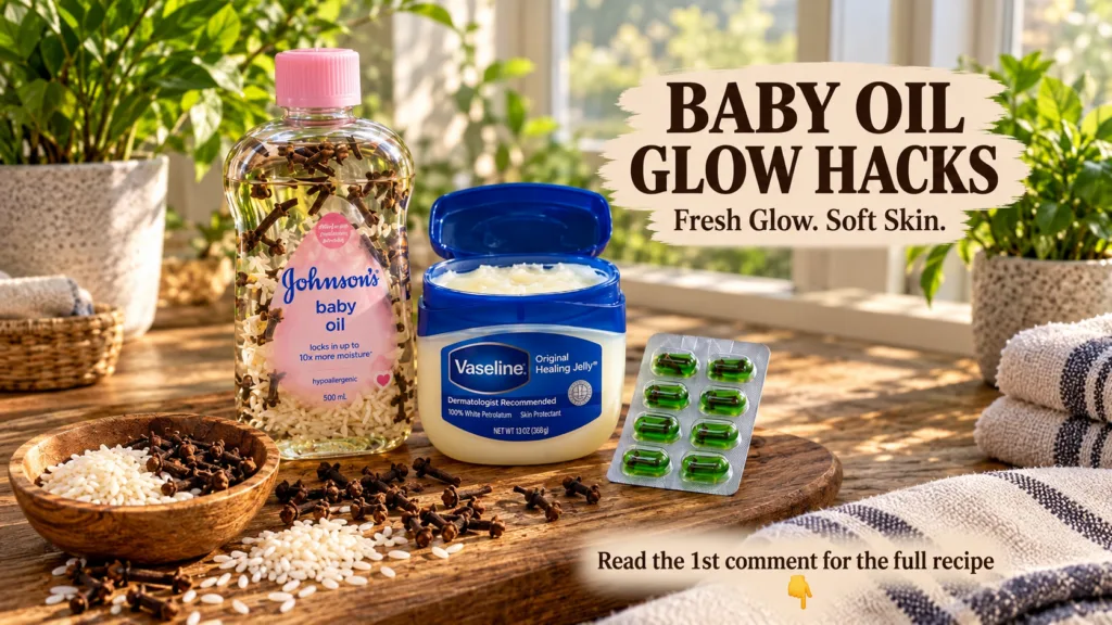 An assortment of beauty ingredients including baby oil Vaseline cloves and rice arranged on a wooden surface
