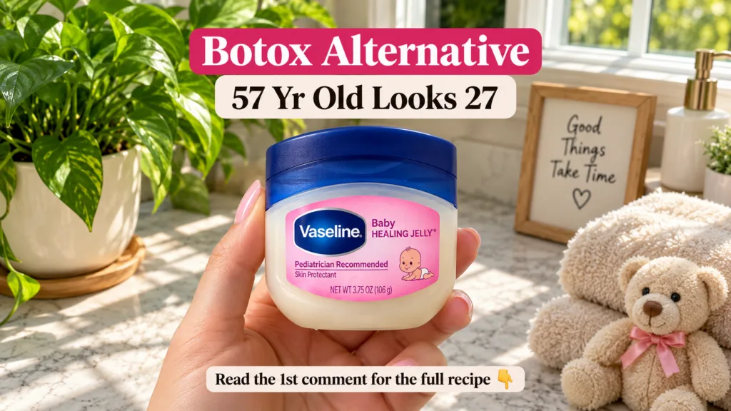 A hand holding a jar of Vaseline Baby Healing Jelly in a warm domestic setting with a houseplant and sunlit window in th