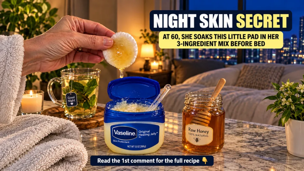 A hand holding a honey-soaked cotton pad over a jar of Vaseline mixed with a granular substance with a mug of mint tea r
