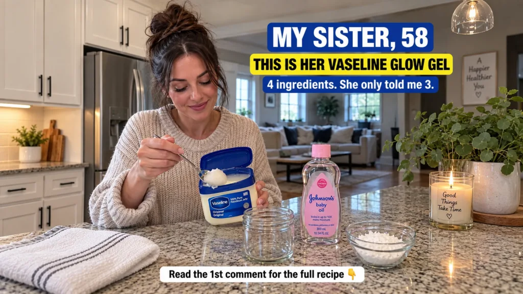 A woman scooping Vaseline from a tub with a bottle of Johnson s Baby Oil a bowl of white powder representing aloe vera o
