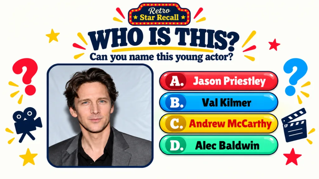 A retro-themed quiz poster featuring a headshot of actor Andrew McCarthy looking calmly at the camera surrounded by vibr