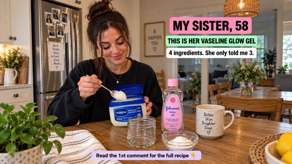 A woman in a kitchen mixing ingredients for a DIY beauty product holding a spoon with Vaseline over an open tub Surround
