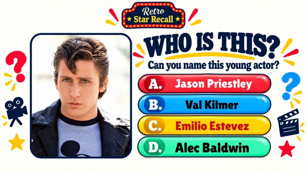 A retro-themed quiz poster featuring a headshot of a young Emilio Estevez styled as a greaser with slicked-back hair and