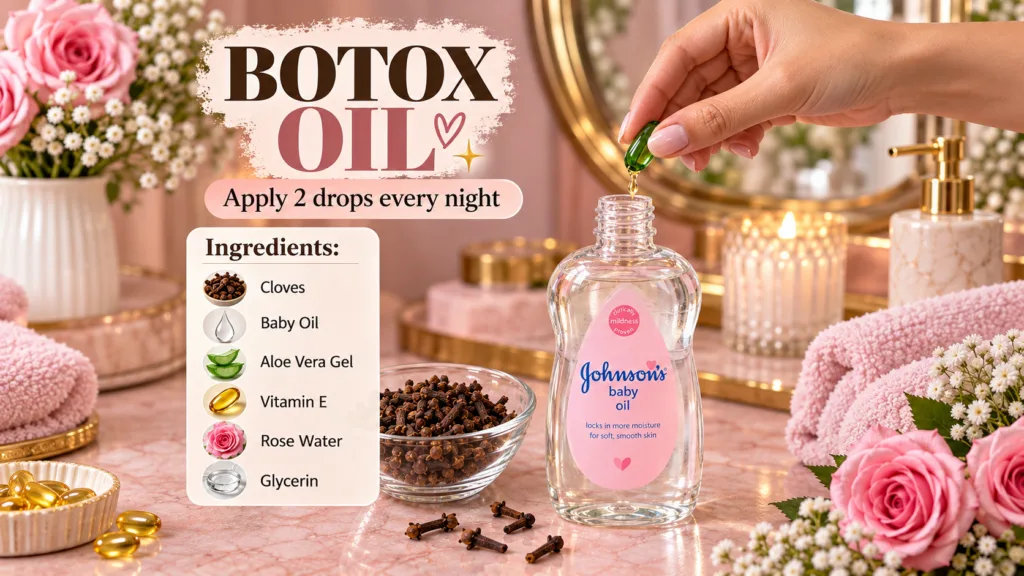 A hand dropping liquid from a green vitamin E capsule into a bottle of Johnson s Baby Oil with cloves and ingredient lis
