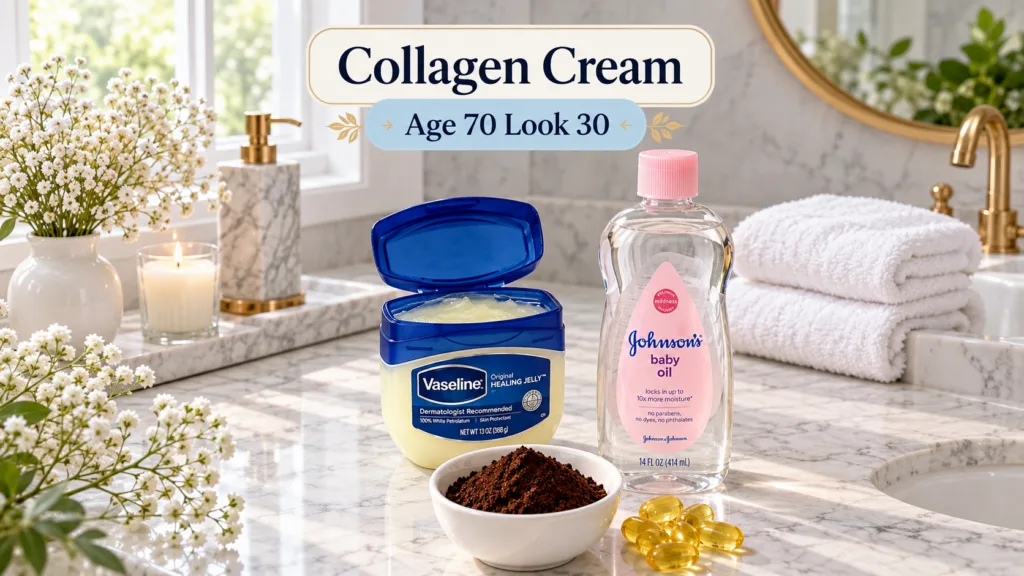 Ingredients for a DIY beauty remedy on a marble bathroom counter an open jar of Vaseline a bottle of baby oil a bowl of