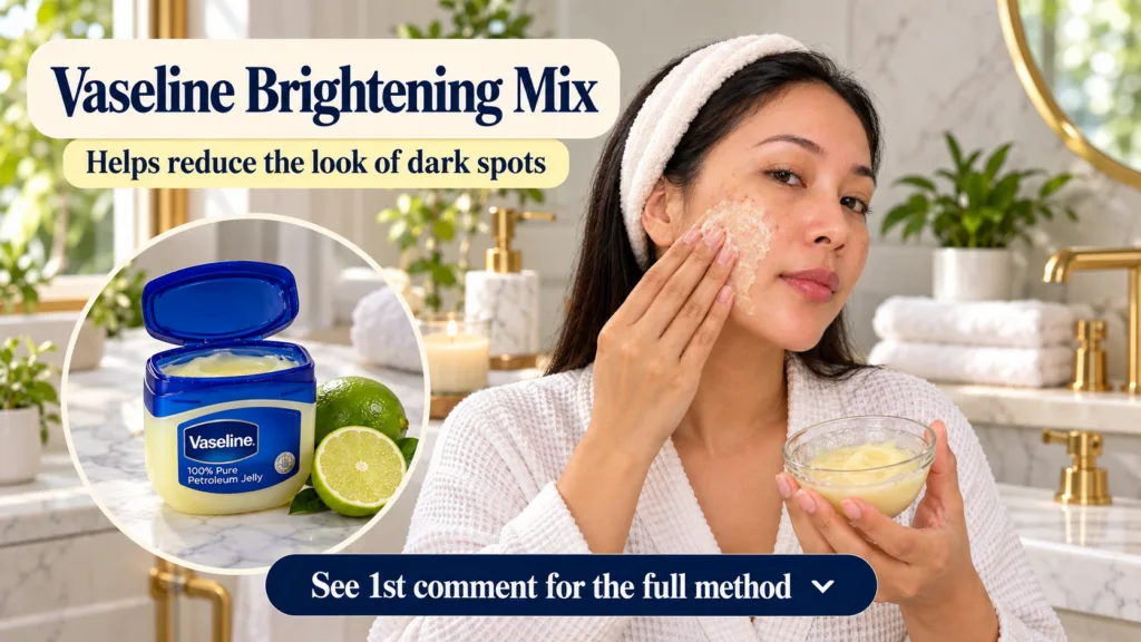 Woman applying homemade brightening mix with Vaseline and lime to her cheek with ingredients highlighted