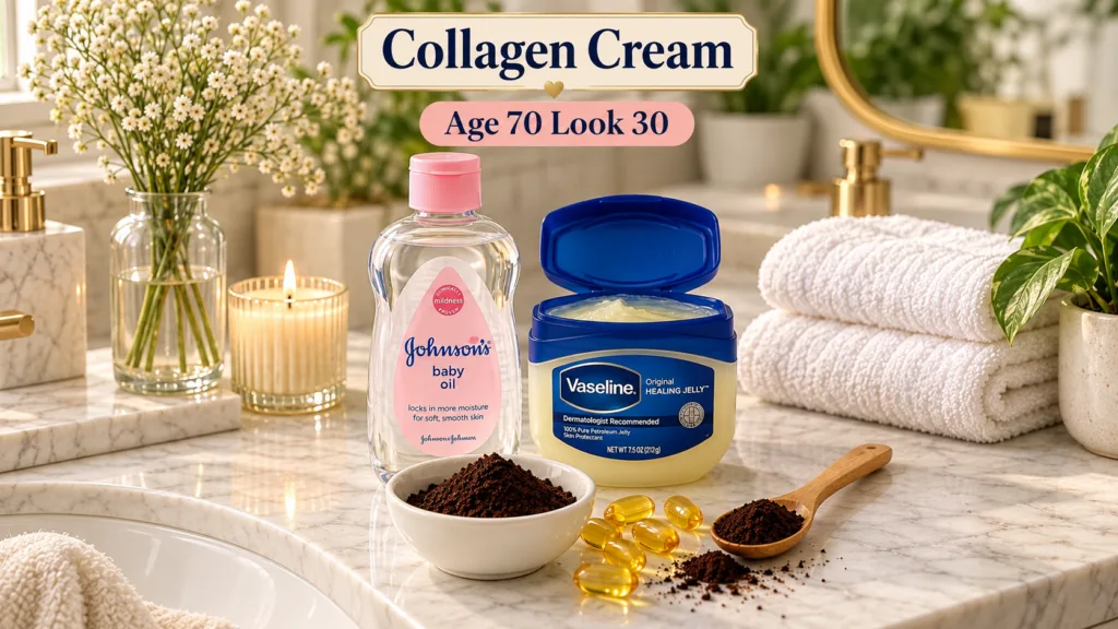 An arrangement of Johnson s baby oil Vaseline Original Healing Jelly a bowl of coffee grounds and yellow vitamin E gel c
