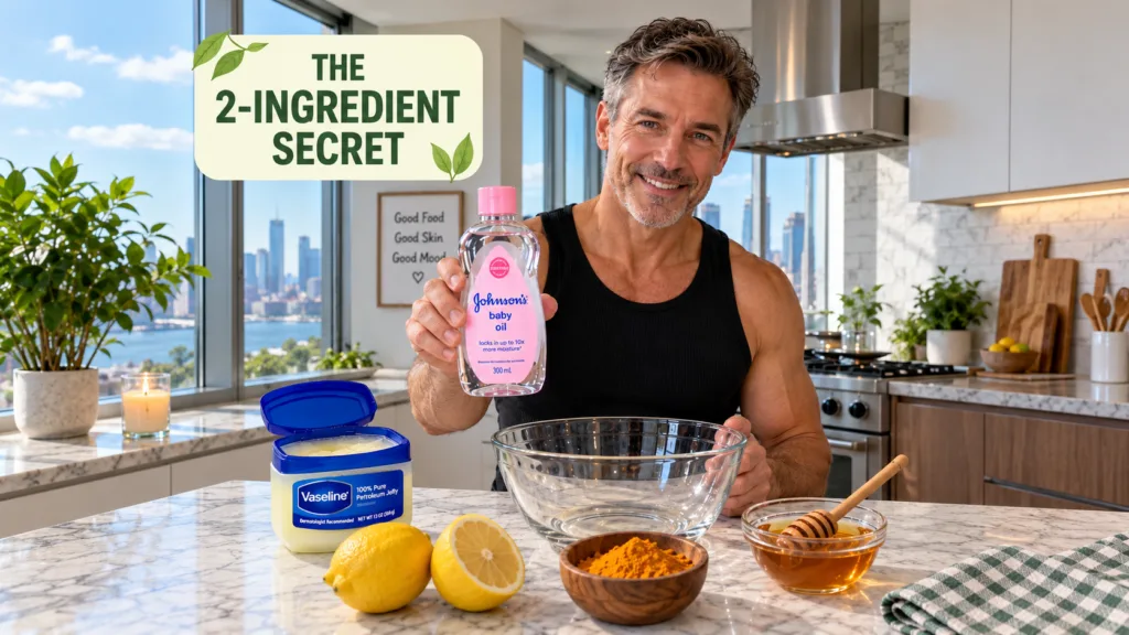 A smiling man holding a bottle of baby oil in a kitchen with Vaseline lemons turmeric and honey on a marble counter Text