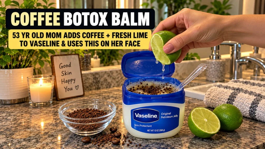 A hand squeezing a lime half into an open jar of Vaseline mixed with coffee grounds on a kitchen counter