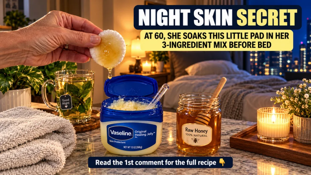 A hand holding a cotton pad dripping golden honey over an open jar of Vaseline mixed with granular ingredients with a ja