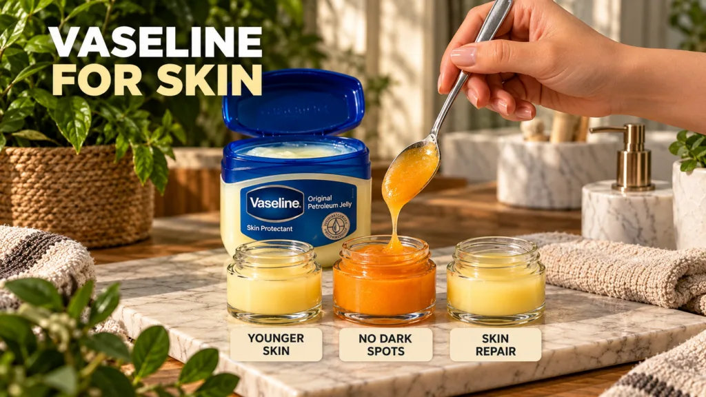 An open tub of Vaseline Petroleum Jelly sits next to three small glass jars containing homemade yellow and orange skinca